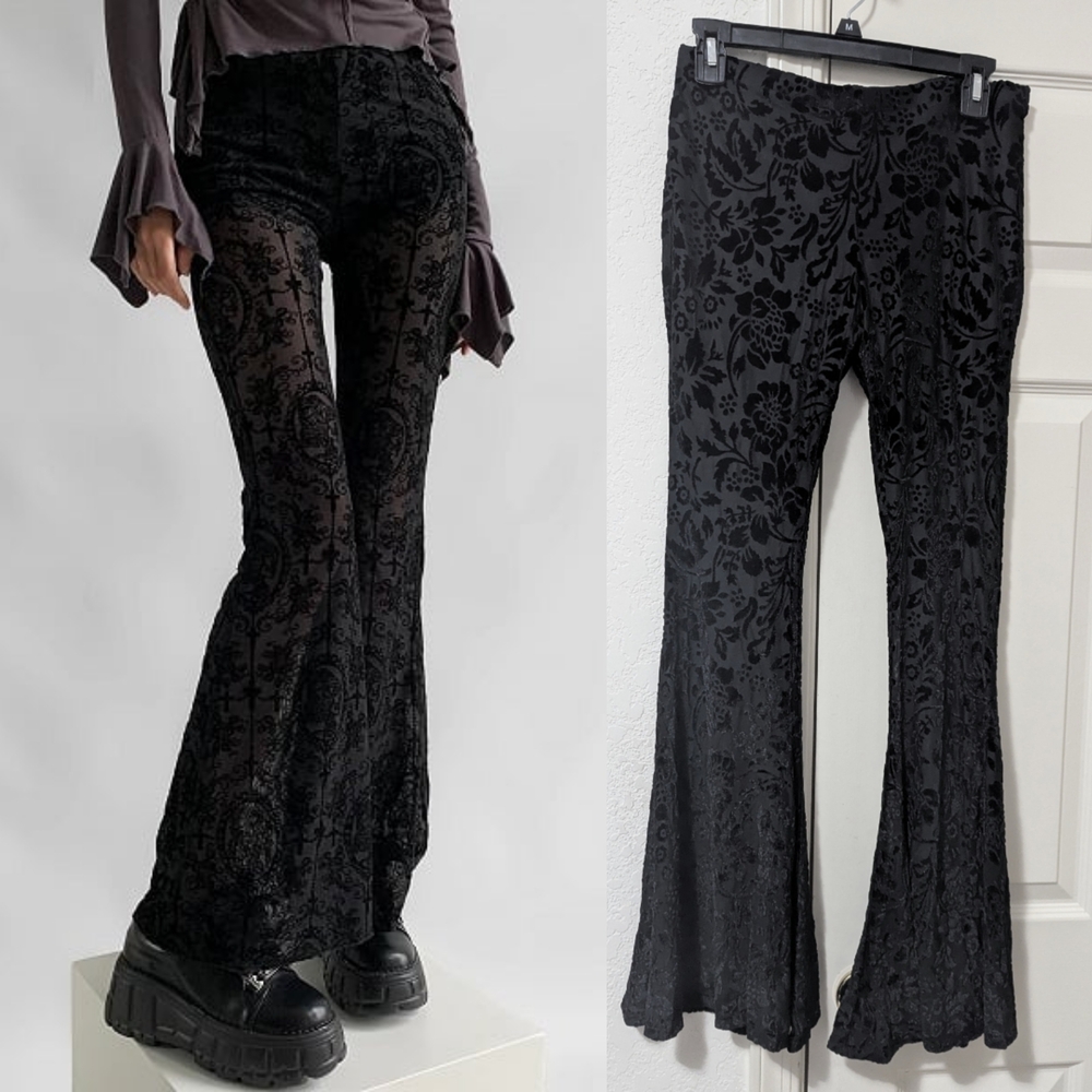 New Black Floral Velvet Flare Pants Stretch Leggings Bellbottom Medium Goth Boho